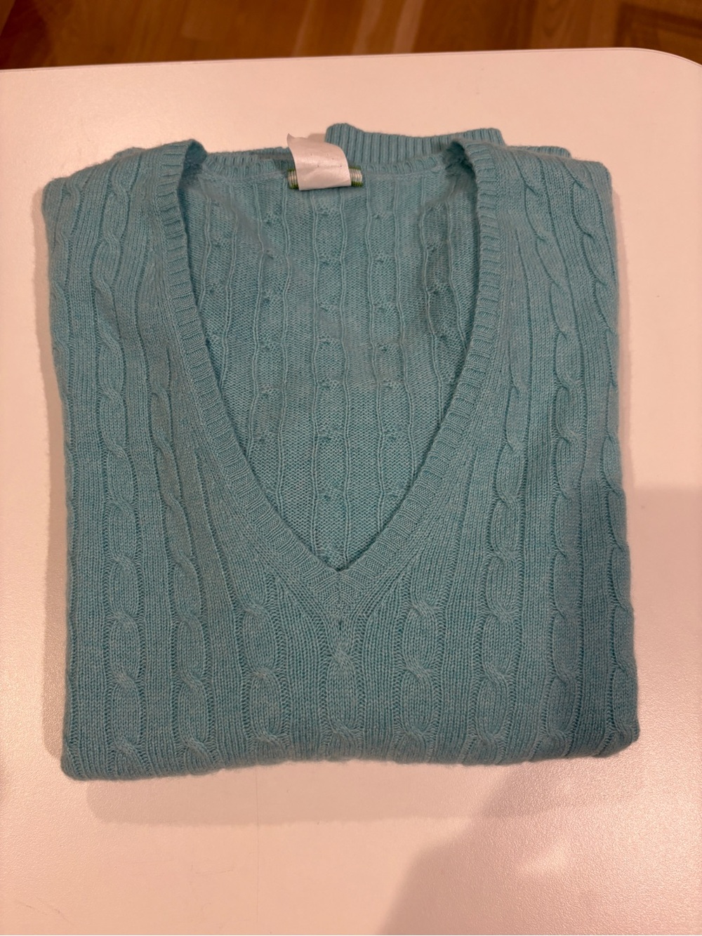 J.Crew Cable-Knit Cashmere V-Neck Sweater — Seafoam Blue, Size L